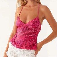 hirigin Sequin Halter Crop Tops for Women Y2k Pearl Embellished Cami Tops Summer Glitter V Neck