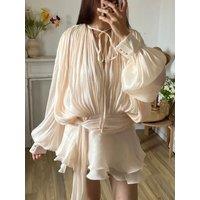 Solid Blouse Mini Dresses For Women V Neck Long Sleeve Spliced Lace Up Sweet Style Dress Female