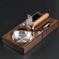 Multifunctional Cigar Ashtray Foldable Walnut Wood Box Include Cigar Cutter Holder and Hole Opener