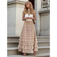 2025 Solid Multilayer Ruffle Mesh Skirt Women Boho High Waist Long Maxi Tulle Skirt Spring Summer