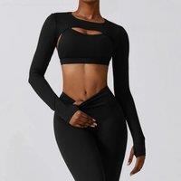 Women Crop Tops Long Sleeve Breathable Running T-Shirts Gym Sports Top with Pad Yoga Shirts Fitness