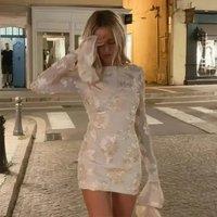 Backless Print Sexy Bodycon Women Dress Crewneck Chic White Package Hip Dresses Long Flared Sleeve