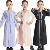 New Muslim Girls Zipper Front Open Abaya Morocco Kaftan Islamic Child Clothes Eid Ramadan Jalabiya
