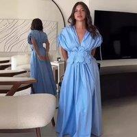 Women Blue V-neck Waist Strap Three-dimensional Flower Bow High Waist Long Dress