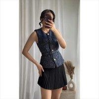 Women 2025 Blue Tweed Waistcoat With Belt Sleeveless Female Outerwear