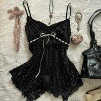 Sweet Y2k Polka Dot Slim-fit lace Trim V-neck halter tops Women's bow asymmetrical chic Camis hot