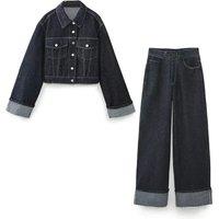 Women's Curly Sleeve Denim Jacket, Casual, Rolled Hem, Fashionable Set, Early Spring, New Product,