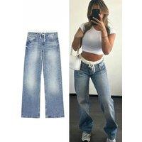 Women Fashion Patchwork Denim Broek Veters Rits Fly Jeans Broekzakken Dames Casual Mid Taille Broek