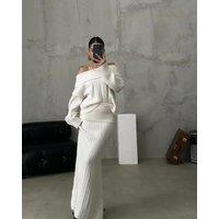 Fashion Women Off-the-Shoulder Knitted Sweater Set Long Sleeve Long Skirt Sexy Casual 2 Piece