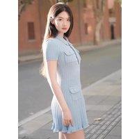 2025 Spring/Summer New Polo Neck Short Sleeve Knitted Dress Y2K Fashion Commuter Elastic Slim Fit