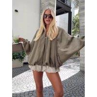 Casual Green Jacket Women Loose Pleat Lapel Zipper Batwing Long Sleeve Bomber Coat Female 2025