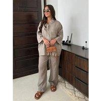 Women Vintage Solid Loose Pants Suit Lapel Single Breasted Long Sleeve Shirt Wide Leg Pants 2 Pcs