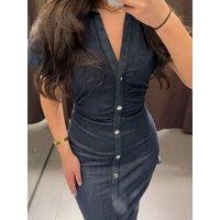 Retro Deep Blue Fold Women Denim Maxi Dress Fashion Short Sleeve V Neck Button Slim Fit Long Dresses