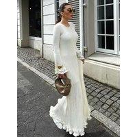 Fashion Ruffled Hem Knitted Long Dress Women Sexy O Neck Flare Long Sleeve Backless Lace Up Slim