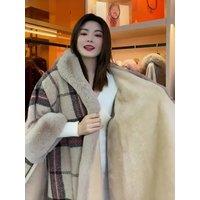 Hot Thickened Fleece-lined Plaid Poncho Cape Winter New Style Faux Rabbit Fur Hooded Large Size