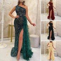 Women's Sequins One Shoulder Bodycon Midi Dress Feather Mermaid Maxi Evening Dress Sexy Party