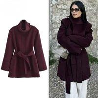 Tweed Long Outerwears Women's Coat Burgundy Belt Long Sleeve Coats Wool & Blends Coats Fashion Warm