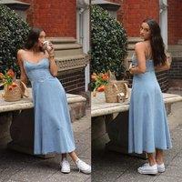 DongCMY Women Elegant Sweet Spice Halter Imitation Denim Fabric Dress Sleeveless Slimming A Line