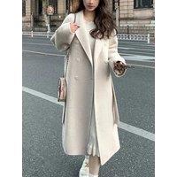 Fashion Women Casual Loose Woolen Coat Elegant and Chic Solid Outerwear Long Overcoat with Belted