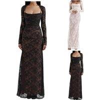Elegant Lace Spaghetti Strap Dress Women Two Piece Sets White Long Sleeve Tight Sexy Skinny Elegant