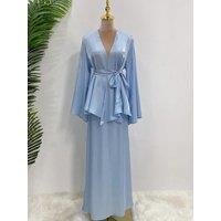 Dubai Satin Solid Chic Evening Party Set Gown Open Kimono Long Sleeve Blouse With Sashes And Skirt