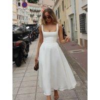 Women Elegant White Slim Pleated Long Dresses 2025 Spring New Square Neck Sleeveless High Waist