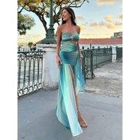 Blue Gradient Mesh Pleated Long Dress Women Fashion Starfish Hollow Out High Slit Sleeveless Dresses