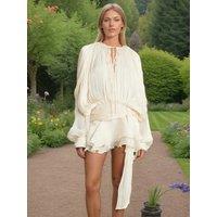 Elegant Flounce Dress Women V Neck Lace Up Lantern Sleeves Chic Mini Robe Female 2025 Spring New