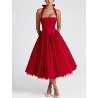 Elegant Solid Sleeveless Mesh Puffy Midi Dresses Woman Sexy Backless Halter Lace Up A-line Dress