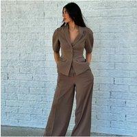 Elegant Solid Blazer Pants Sets Women Shoulder Pads Button Short Sleeve Jacket Wide Leg Trousers