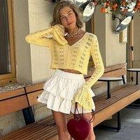 Summer Knit Long Sleeve Cardigan For Women V Neck Solid Bodycon Hollow Out Short Tops Party Club
