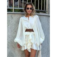 Casual Full Sleeve Single-breasted Lotus Leaf Edge Mini Dress Elegant Belt Pleated Dresses New Lady