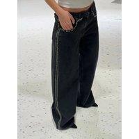 Street Women's Beaded Jeans Baggy Low Waist Pockets Zipper Female Denim Trousers 2025 Spring Summer