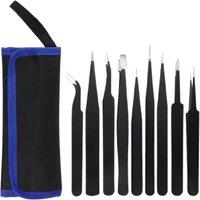 9 in 1 ESD Safe Stainless Steel Tweezers Set Straight Curved Tips for Precision Maintenance