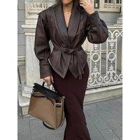 Fashion Leather Woman Short Jacket With Belt Turn Down Collar Long Sleeve Motorcycle Coat Ladies