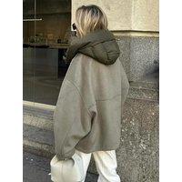 Casual Loose Women Hooded Jacket Solid Patchwork Zipper Long Sleeved Warm Coats 2025 Autumn Winter
