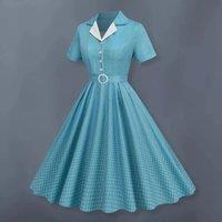 Plaid Vintage Office Lady Summer Midi Dresses Women Fashion Retro 50s 60s 70s Swing Rockabilly Party