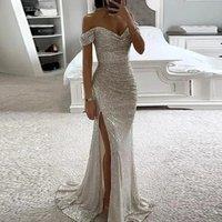 Women Slash Neck High Split Gown Evening Dress Sequins Sharkly Slim Hips Long Dress Spring Summer
