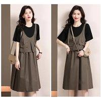 Fashion O-Neck Spliced Pockets Fake Two Pieces Casual Dresses Women's Clothing 2025 Summer New Loose