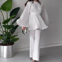 Eid Muslim Suits Women Lace Up Blouse Wide Leg Pants Sets Casual Dubai Two Piece Solid Outfits