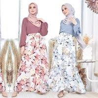 Elegant Muslim Women Floral Print High Waist A-line Skirt Turkey Arab Long Maxi Dress Medium Length