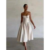Summer Women Spaghetti Strap Solid Midi Dress Elegant Backless Sleevelss Large Hem A-line Dresses