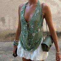 Sexy Deep V Neck Beach Tank Tops Women Y2k Summer Sequins Patchwork Sleeveless Vest Vacation