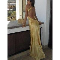 2025 New Summer Backless Yellow Satin Lace Up Dresses Women Elegant Off Shoulder Strapless Long
