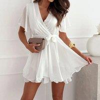 Chiffon White Women Dress for 2024 Summer Short Sleeve Slim Fit Fashion Korean Female Clothing