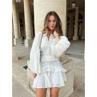 Women Elegant White Buttons Layered Mini Dress Chic O Neck Long Lantern Sleeve Ruffles Vestido