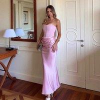 2025 Women's Evening Dress Strapless Pink Prom Party Dresses Sexy Satin Long Corset Dress Elegant