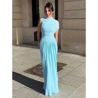 Blue Skinny Pleated Maxi Dress For Women Elegant Asymmetrical Chiffon Shawl Collar High Waist Party