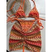 Women Swimsuit Colored Maple Leaves Knitted Bikini Skirt Three-Piece Set Split Swimsuit Bikini