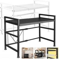 2 Tier Microwave Shelf Carbon Steel Expandable Rack Space-Saving Shelf Organiser with 6 Hooks for